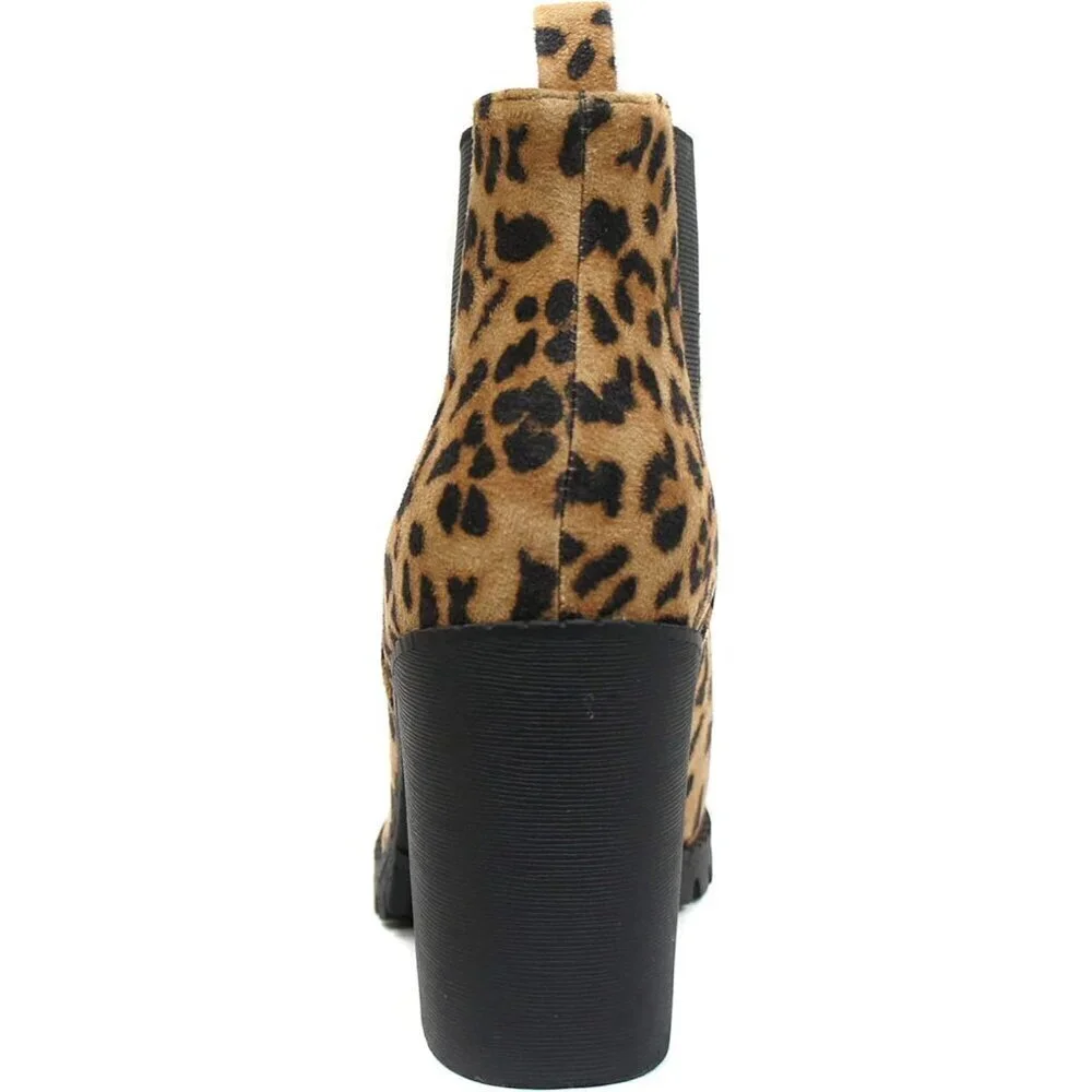 Women's Camel Leopard Lug Sole Ankle Boot Elastic Gore Chunky Heel Bootie